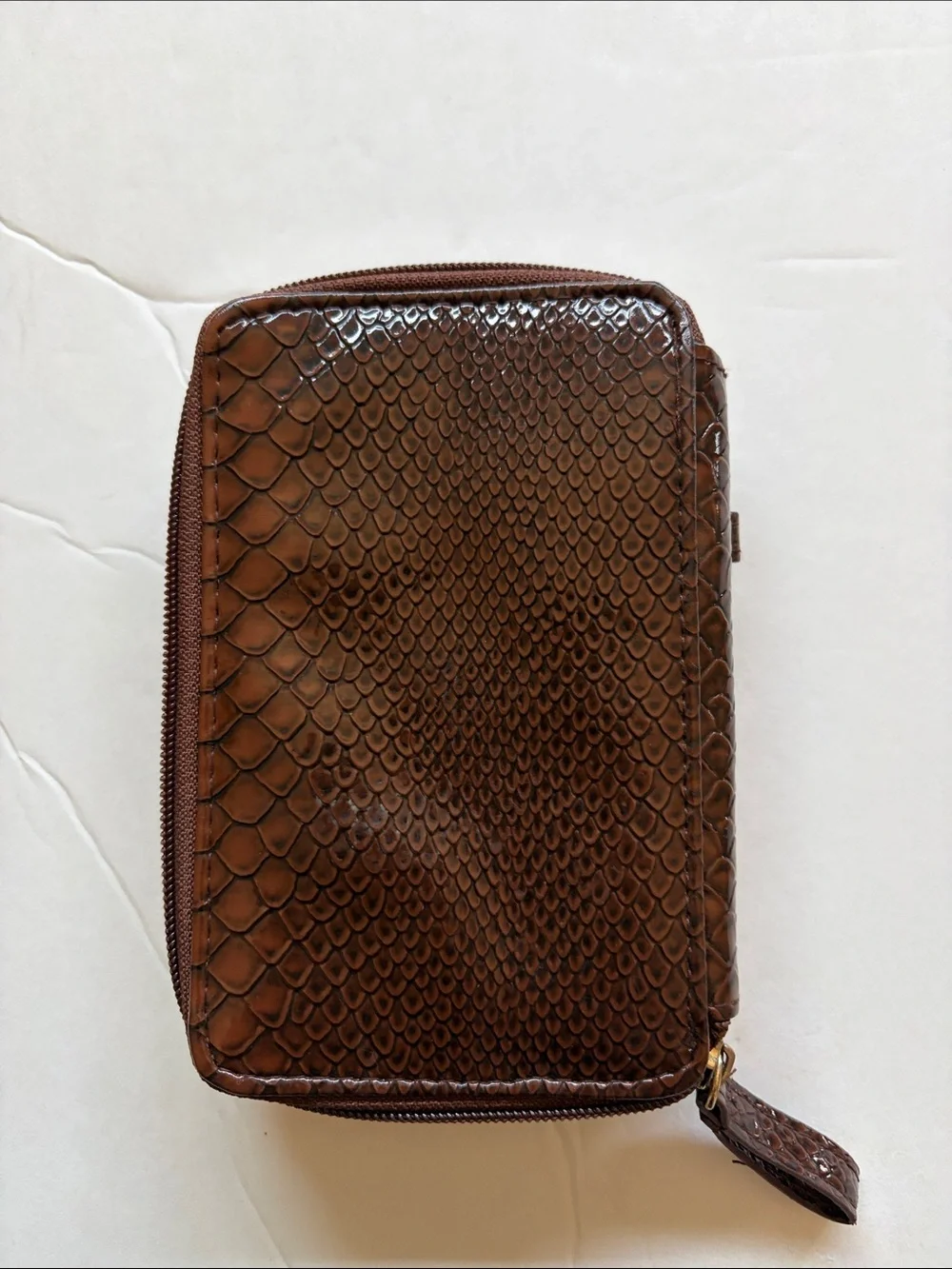 Glossy Brown Faux-Snake Clutch with Snap Strap